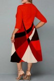 Red Casual Print Basic O Neck A Line Plus Size Dresses