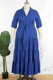 Blue Casual Solid Bandage Patchwork Buckle Turndown Collar A Line Plus Size Dresses