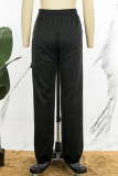 Black Casual Solid Patchwork Regular Mid Waist Conventional Solid Color Trousers
