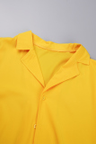 Yellow Casual Solid Bandage Patchwork Buckle Turndown Collar A Line Plus Size Dresses