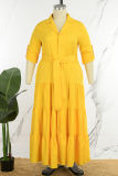 Yellow Casual Solid Bandage Patchwork Buckle Turndown Collar A Line Plus Size Dresses