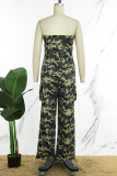 Army Green Street Camouflage Print Patchwork Draw String Pocket Zipper Strapless Regular Jumpsuits