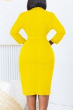 Yellow Casual Solid Patchwork With Belt Turndown Collar Long Sleeve Dresses