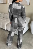 Grey Casual Print Patchwork Buttons Turndown Collar Long Sleeve Two Pieces