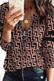 Khaki Casual Print Patchwork Zipper O Neck Plus Size Tops