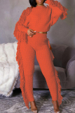 Tangerine Red Street Solid Tassel Patchwork O Neck Long Sleeve Two Pieces