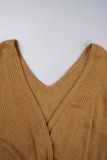 Yellow Sexy Solid Draw String V Neck Long Sleeve Two Pieces