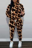 Leopard Print Casual Print Basic Hooded Collar Long Sleeve Two Pieces