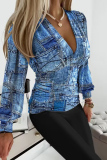 Pink Gray Casual Print Patchwork V Neck Tops