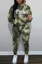 Army Green Casual Print Basic Hooded Collar Long Sleeve Two Pieces
