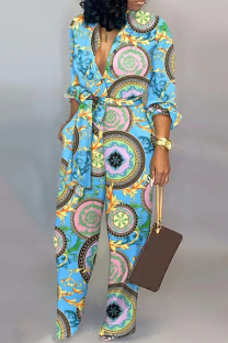 Sky Blue Casual Print Bandage Patchwork Pocket V Neck Plus Size Jumpsuits