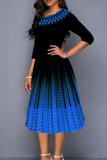 Blue Elegant Print Patchwork O Neck A Line Dresses