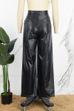 Black Casual Solid Patchwork Regular High Waist Straight Solid Color Trousers