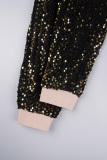 Coffee Street Solid Sequins Patchwork Draw String Zipper O Neck Long Sleeve Two Pieces