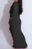 Black Elegant Solid Patchwork Frenulum V Neck Long Dress Dresses