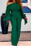 Green Casual Elegant Solid Patchwork Oblique Collar Plus Size Jumpsuits
