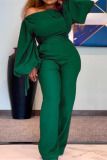 Green Casual Elegant Solid Patchwork Oblique Collar Plus Size Jumpsuits