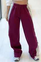 Burgundy Casual Patchwork Contrast Regular High Waist Conventional Patchwork Trousers