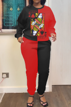Black Red Casual Print Basic O Neck Long Sleeve Two Pieces