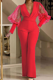 Red Casual Solid Patchwork See-through V Neck Regular Jumpsuits
