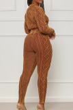 Dark Brown Casual Solid Patchwork O Neck Long Sleeve Two Pieces(Not Nnitted Fabric, Printed Texture)