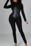 Black Casual Solid Patchwork Zipper O Neck Long Sleeve Two Pieces