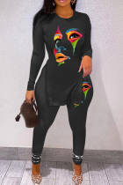Black Casual Print Slit V Neck Long Sleeve Two Pieces