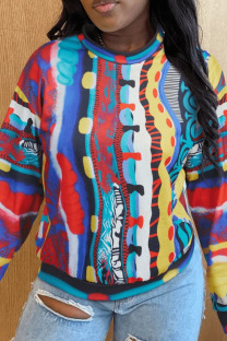 Colour Casual Street Print Patchwork O Neck Plus Size Tops