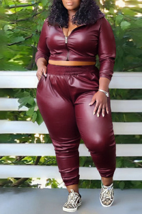 Burgundy Casual Solid Patchwork Zipper Collar Plus Size Two Pieces