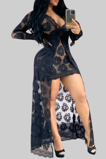 Black Sexy Solid Lace Hollowed Out Patchwork V Neck Long Dress Dresses