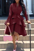 Burgundy Casual Solid Patchwork Flounce V Neck Long Sleeve Plus Size Dresses
