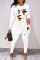 White Casual Print Slit V Neck Long Sleeve Two Pieces