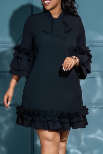 Black Elegant Solid Bandage Patchwork Stringy Selvedge O Neck A Line Dresses