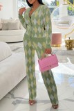 Light Green Casual Patchwork Cardigan Pants V Neck Long Sleeve Two Pieces