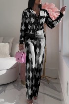 Black Casual Patchwork Cardigan Pants V Neck Long Sleeve Two Pieces