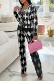 Black Casual Patchwork Cardigan Pants V Neck Long Sleeve Two Pieces