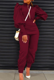 Burgundy Casual Solid Patchwork Buttons Zipper Half A Turtleneck Long Sleeve Two Pieces