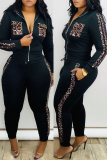 Black Casual Leopard Patchwork Zipper Collar Long Sleeve Two Pieces