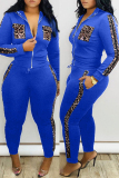 Blue Casual Leopard Patchwork Zipper Collar Long Sleeve Two Pieces
