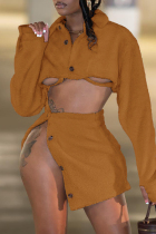 Yellow Brown Casual Solid Slit Turndown Collar Long Sleeve Two Pieces