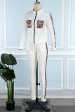 White Casual Leopard Patchwork Zipper Collar Long Sleeve Two Pieces