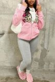 Pink Casual Print Patchwork Pocket Zipper Hooded Collar Long Sleeve Two Pieces