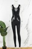 Black Sexy Casual Solid Hollowed Out See-through U Neck Skinny Jumpsuits