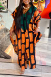 Orange Casual Daily Mixed Printing Slit Printing Contrast V Neck Dresses