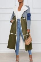 Green Casual Patchwork Cardigan Turndown Collar Long Sleeve Regular Denim Jacket