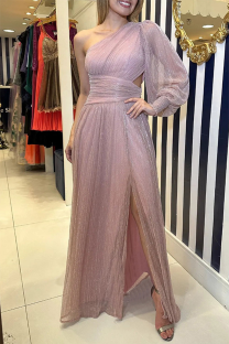 Pink Elegant Solid Slit Sequined Oblique Collar Evening Dress Dresses