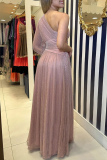Pink Elegant Solid Slit Sequined Oblique Collar Evening Dress Dresses
