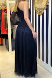 Deep Blue Elegant Solid Slit Sequined Oblique Collar Evening Dress Dresses