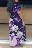 Dark Purple Casual Print Basic V Neck Long Dress Dresses