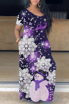 Dark Purple Casual Print Basic V Neck Long Dress Dresses